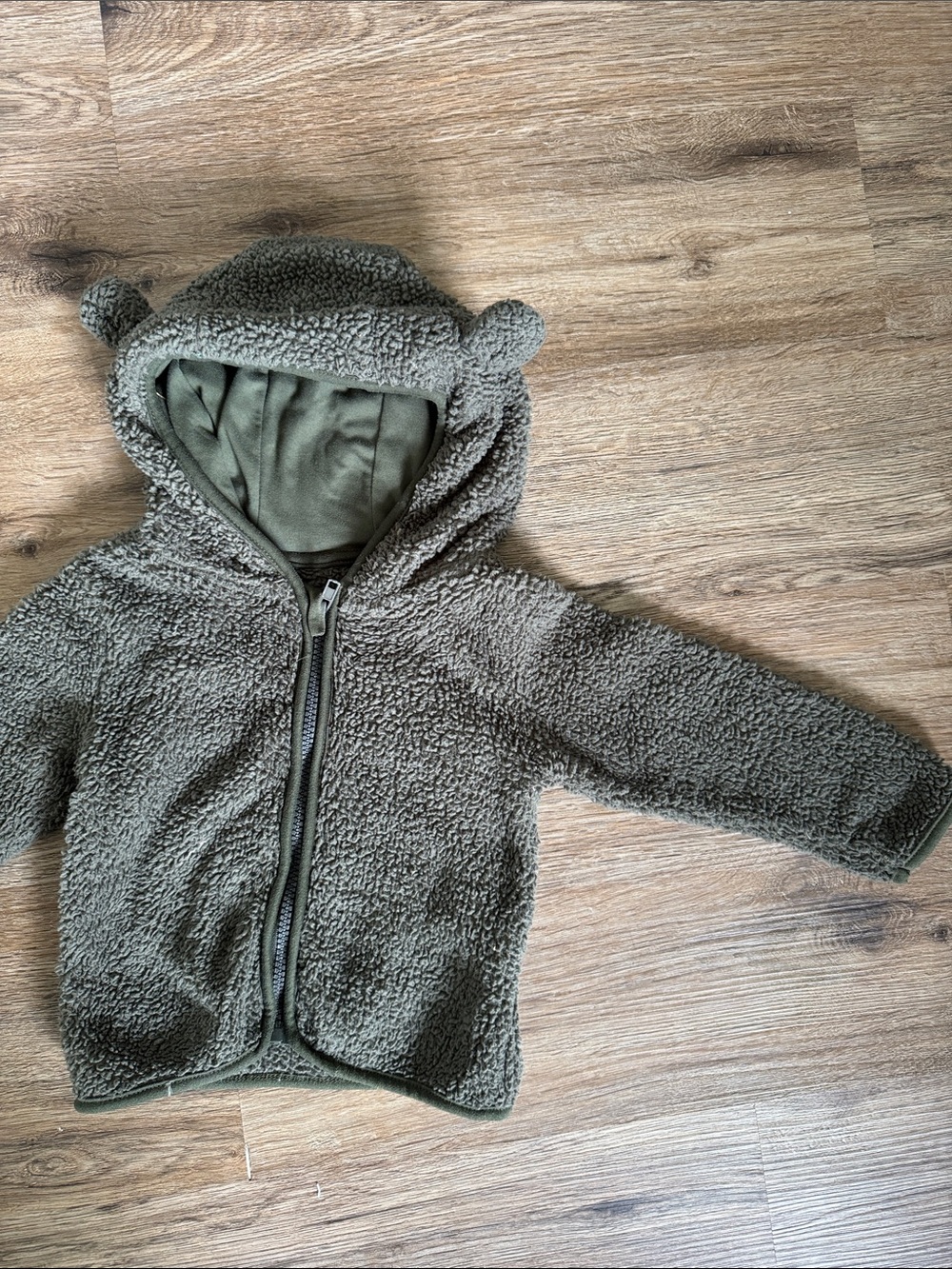 Cozy Sherpa Baby Jacket with Bear Ears - Olive Green